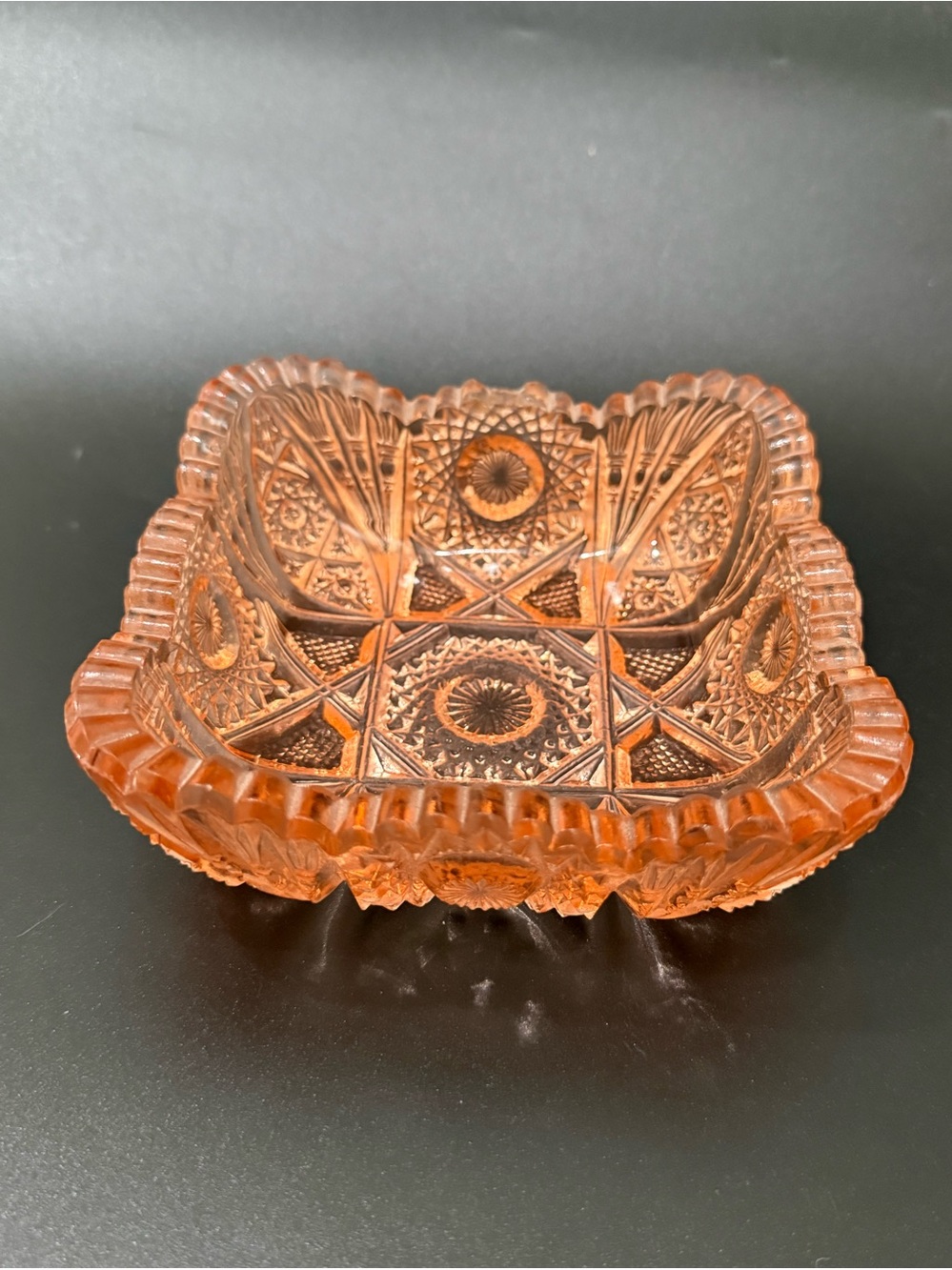 Vintage Salmon Pink Depression Pressed Glass Sawtooth Rim Square Candy Dish